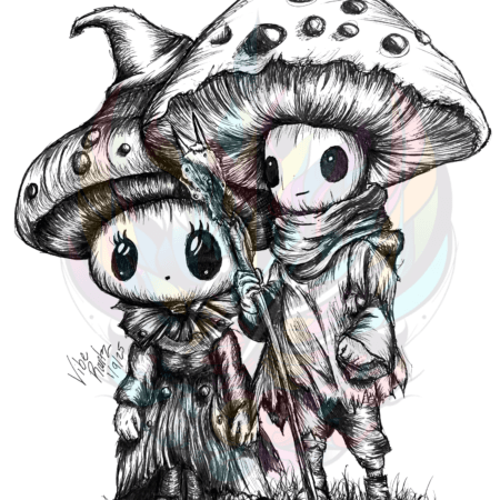Hand-drawn pen illustration of two whimsical mushroom characters standing together as Elderwood Guardians, dressed in weathered attire with intricate, enchanted details.