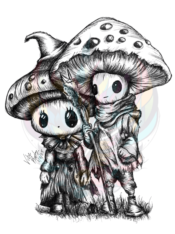 Hand-drawn pen illustration of two whimsical mushroom characters standing together as Elderwood Guardians, dressed in weathered attire with intricate, enchanted details.