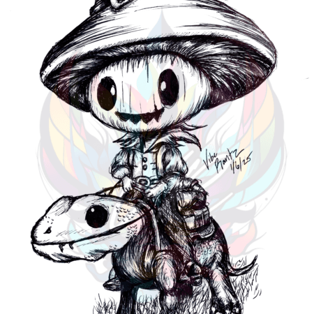 Saddle up with the Mushroom Cowboy: Gecko Rider Art Print, a hand-drawn illustration by Vibe Rantz. Featuring a mushroom-headed cowboy and his gecko steed,