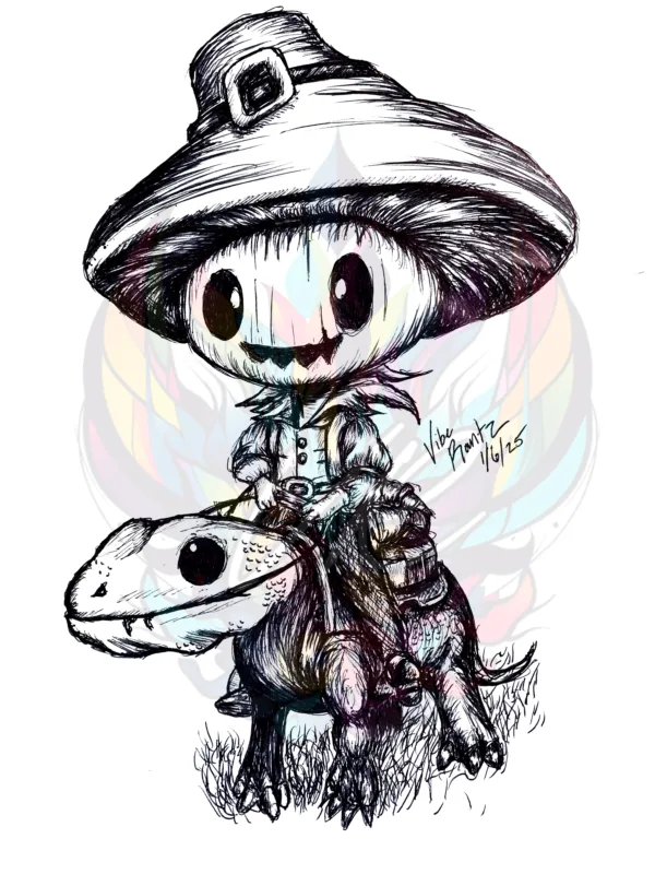 Saddle up with the Mushroom Cowboy: Gecko Rider Art Print, a hand-drawn illustration by Vibe Rantz. Featuring a mushroom-headed cowboy and his gecko steed,