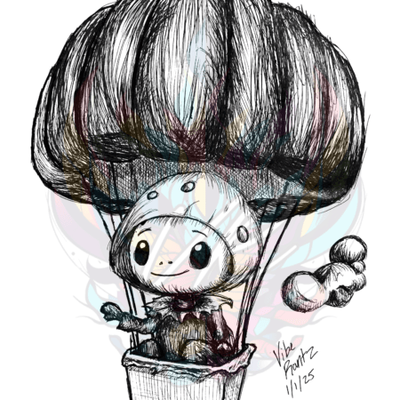 Soar into adventure with Mushroom Voyager: Ballooning Through the Clouds, a hand-drawn illustration featuring a whimsical mushroom character in a hot air balloon.