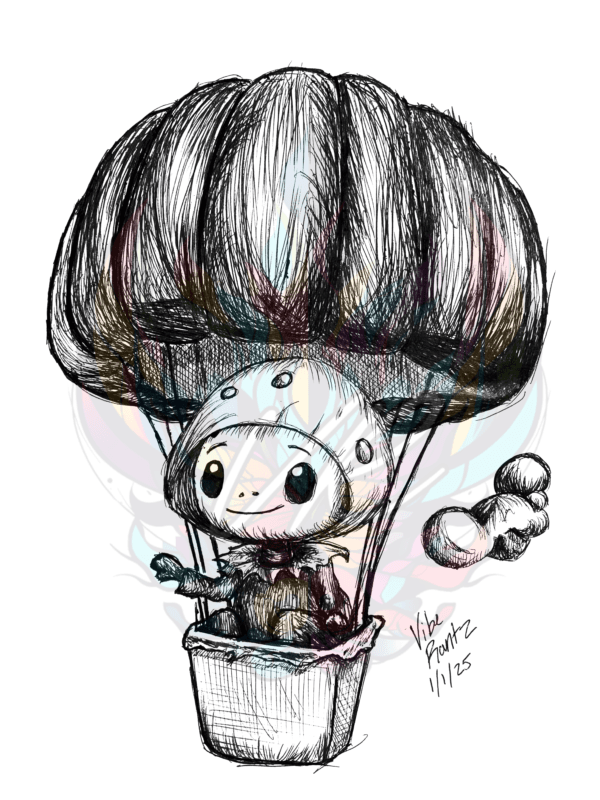 Soar into adventure with Mushroom Voyager: Ballooning Through the Clouds, a hand-drawn illustration featuring a whimsical mushroom character in a hot air balloon.