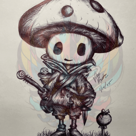 Pen-drawn illustration of a traveling mushroom character holding a guitar, wearing a scarf and a satchel, exuding charm and adventure.