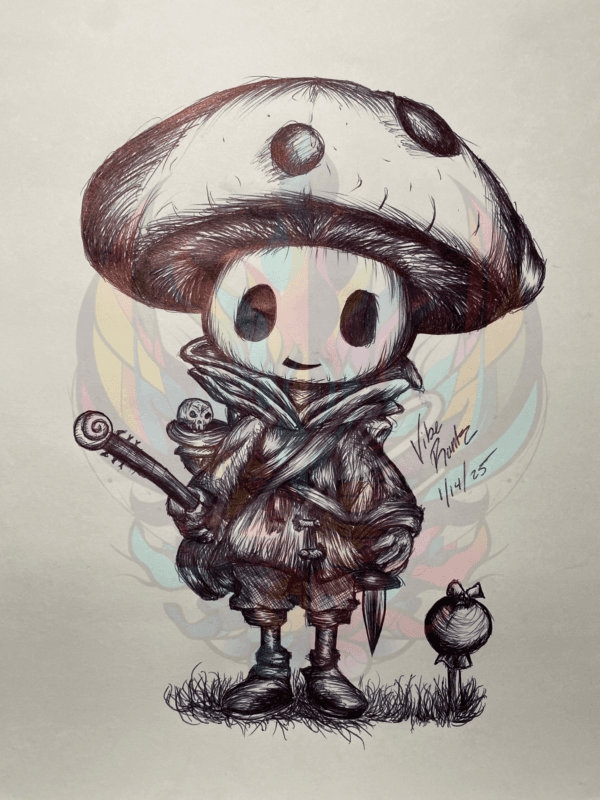 Pen-drawn illustration of a traveling mushroom character holding a guitar, wearing a scarf and a satchel, exuding charm and adventure.