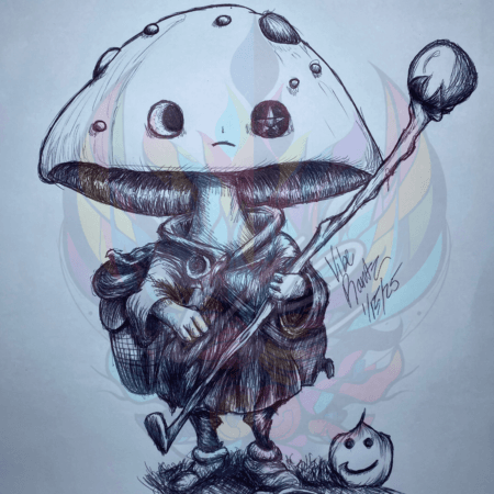 Pen-drawn illustration of an evil wizard mushroom character with a cursed tiny head companion, exuding eerie charm.