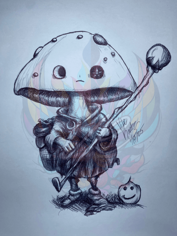 Pen-drawn illustration of an evil wizard mushroom character with a cursed tiny head companion, exuding eerie charm.