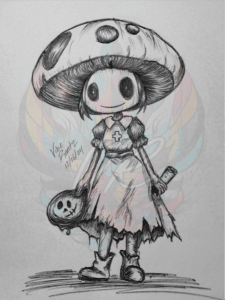 Discover Caretaker Shroom: Spooky Nurse Art Print, a hand-drawn mushroom nurse blending eerie charm and vintage style. Perfect gift for caretakers!