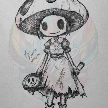 Discover Caretaker Shroom: Spooky Nurse Art Print, a hand-drawn mushroom nurse blending eerie charm and vintage style. Perfect gift for caretakers!
