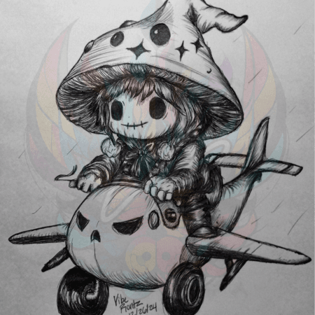 Discover Witchshroom Pilot: Haunted Plane Art Print, a playful mushroom witch flying a haunted plane. Perfect for Halloween and fantasy decor.