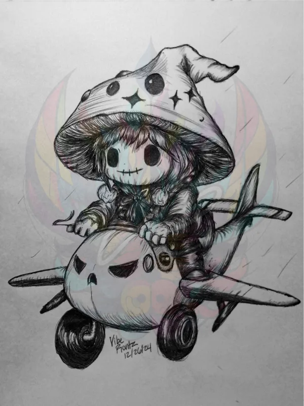 Discover Witchshroom Pilot: Haunted Plane Art Print, a playful mushroom witch flying a haunted plane. Perfect for Halloween and fantasy decor.