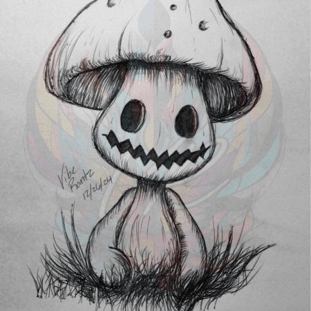 Discover Grinning Shroom: Spooky Mushroom Art Print, a hand-drawn spooky mushroom with a jagged grin. Perfect for Halloween and dark fantasy art lovers.