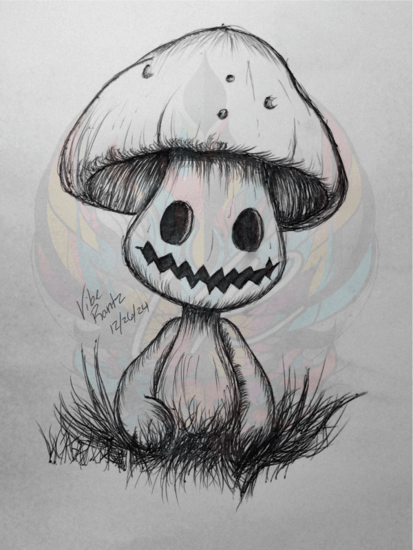 Discover Grinning Shroom: Spooky Mushroom Art Print, a hand-drawn spooky mushroom with a jagged grin. Perfect for Halloween and dark fantasy art lovers.