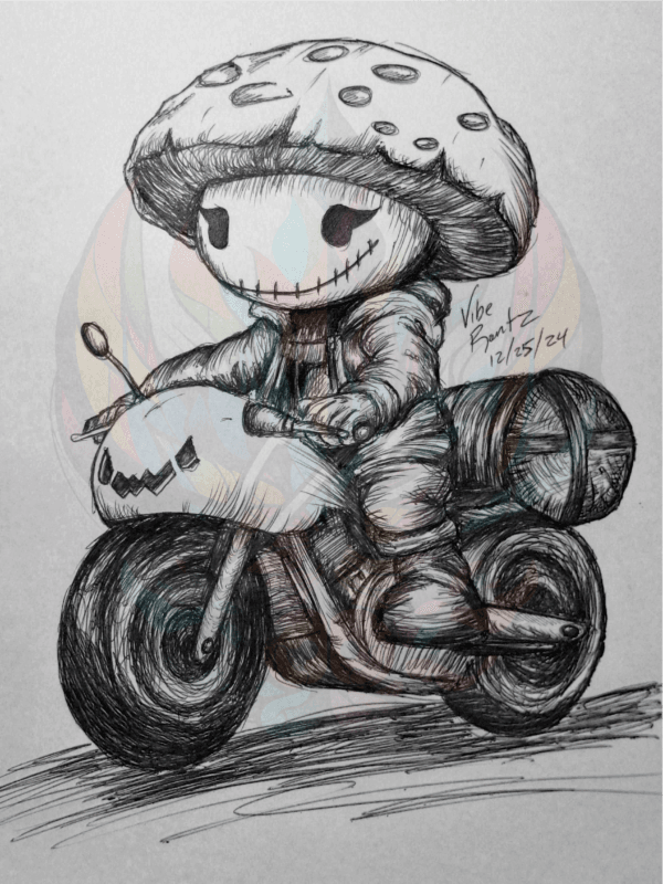 Discover Phantom Cap: Mushroom Rider Art Print, a spooky hand-drawn mushroom character on a haunted motorcycle. Perfect for fantasy and eerie decor lovers.