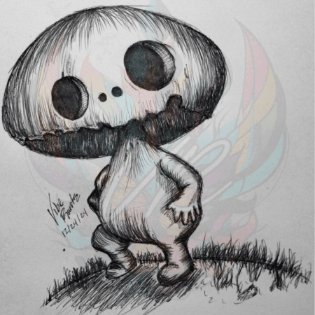 Discover Cheeky Sprout: Quirky Mushroom Art Print, a playful hand-drawn mushroom character by Vibe Rantz. Perfect for fans of fantasy art.