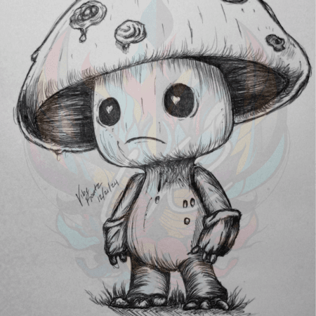 Discover Melancholy Shroom: Emotional Art Print, a hand-drawn sad mushroom character with heart-shaped pupils. Perfect for emotional art lovers and fantasy.