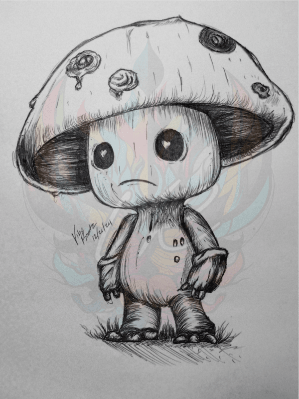 Discover Melancholy Shroom: Emotional Art Print, a hand-drawn sad mushroom character with heart-shaped pupils. Perfect for emotional art lovers and fantasy.