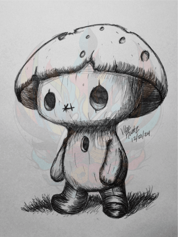 Discover Patchcap: Stitched Mushroom Art Print, a creepy hand-drawn mushroom character by Vibe Rantz. Perfect for fans of Halloween-inspired.