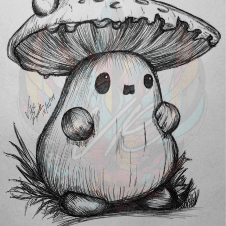 Discover Moonlit Sprout: Chubby Mushroom Art Print, a whimsical hand-drawn creation by Vibe Rantz. Perfect for fantasy art collectors, and fans.