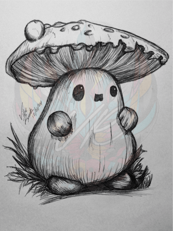 Discover Moonlit Sprout: Chubby Mushroom Art Print, a whimsical hand-drawn creation by Vibe Rantz. Perfect for fantasy art collectors, and fans.