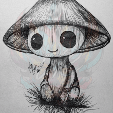 Discover Tranquil Shroom: Calm Mushroom Art Print, a serene hand-drawn mushroom character by Vibe Rantz. Perfect for tranquil and fantasy-inspired decor.