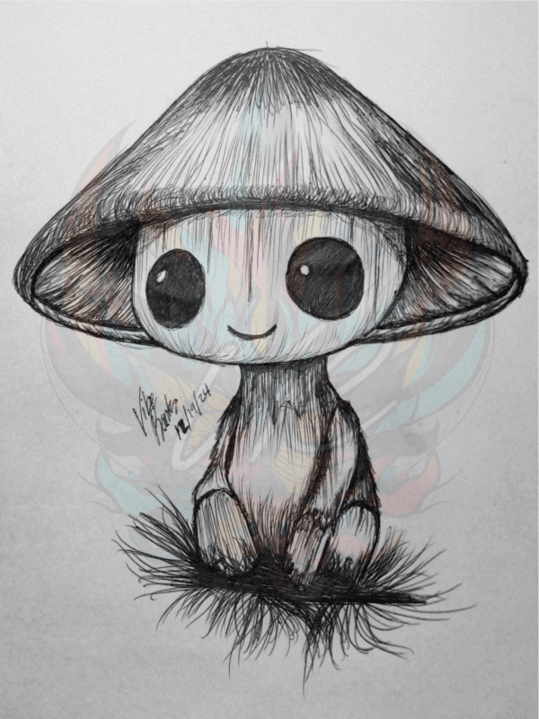 Discover Tranquil Shroom: Calm Mushroom Art Print, a serene hand-drawn mushroom character by Vibe Rantz. Perfect for tranquil and fantasy-inspired decor.