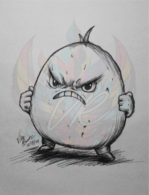 Meet Furious Spud: Angry Potato Art Print, a hand-drawn illustration by Vibe Rantz. Featuring an angry potato with bold features.