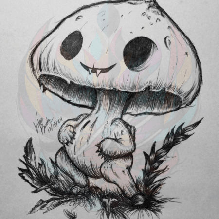 Discover Sly Cap: Mischievous Mushroom Art Print, a hand-drawn design by Vibe Rantz. Featuring a sly mushroom with playful charm.
