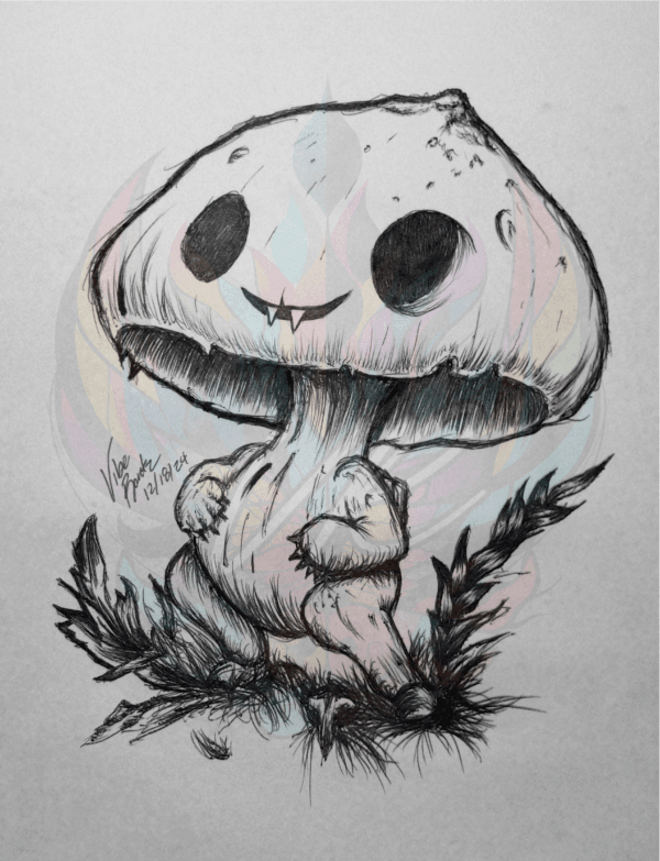 Discover Sly Cap: Mischievous Mushroom Art Print, a hand-drawn design by Vibe Rantz. Featuring a sly mushroom with playful charm.