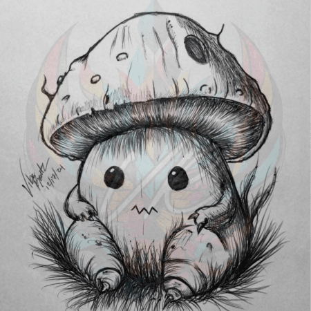 Discover Timid Cap: Nervous Mushroom Art Print, a hand-drawn shy mushroom illustration by Vibe Rantz. Perfect for fans of quirky, fantasy-themed art.