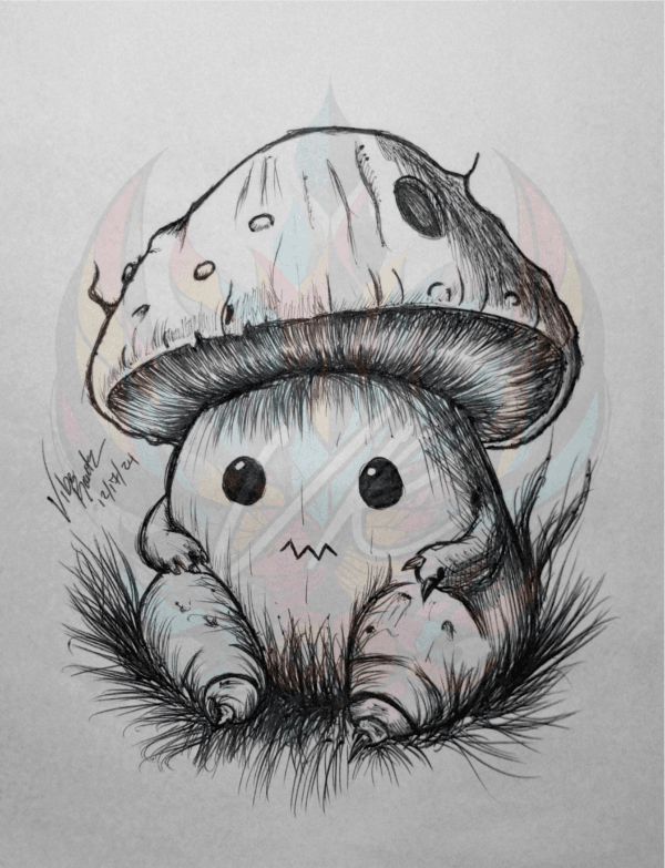 Discover Timid Cap: Nervous Mushroom Art Print, a hand-drawn shy mushroom illustration by Vibe Rantz. Perfect for fans of quirky, fantasy-themed art.