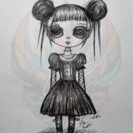 Hand-drawn illustration of a haunting gothic doll character with vintage-inspired details, including a lace-up dress and intricate patterns.