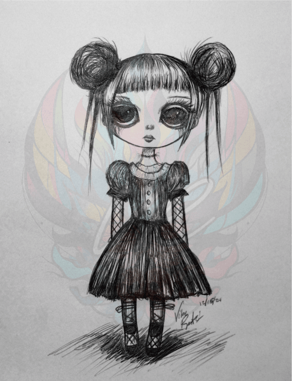 Hand-drawn illustration of a haunting gothic doll character with vintage-inspired details, including a lace-up dress and intricate patterns.