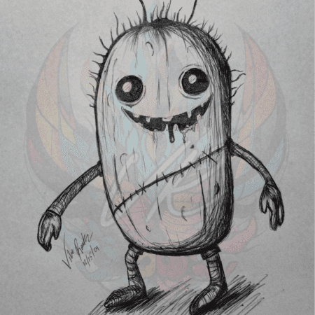 Hand-drawn illustration of a spooky dill with spiky hair, a creepy smile, and whimsical detailing.