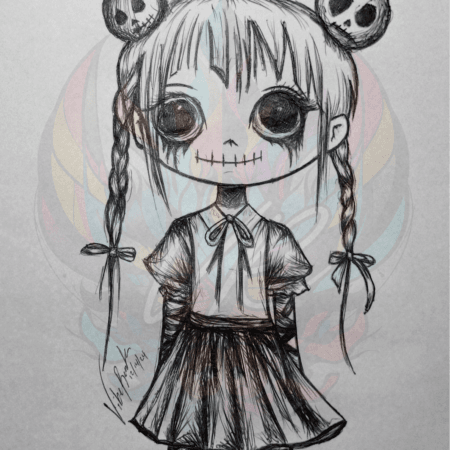 Shadow Doll Art Print, a hand-drawn gothic schoolgirl illustration perfect for collectors and fans of whimsical, mysterious decor.