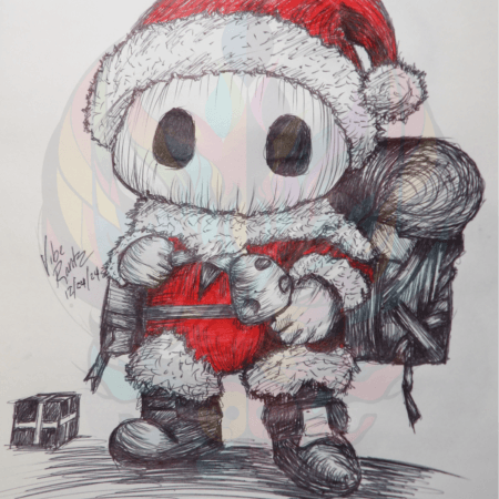 Hand-drawn illustration of a whimsical mushroom Santa character wearing a fluffy red hat and suit, holding a gift, with festive holiday details.