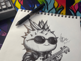 Spike Strumscale, a rock and roll dragonfruit, holding a guitar with a spiked mohawk, leather jacket, and sunglasses.