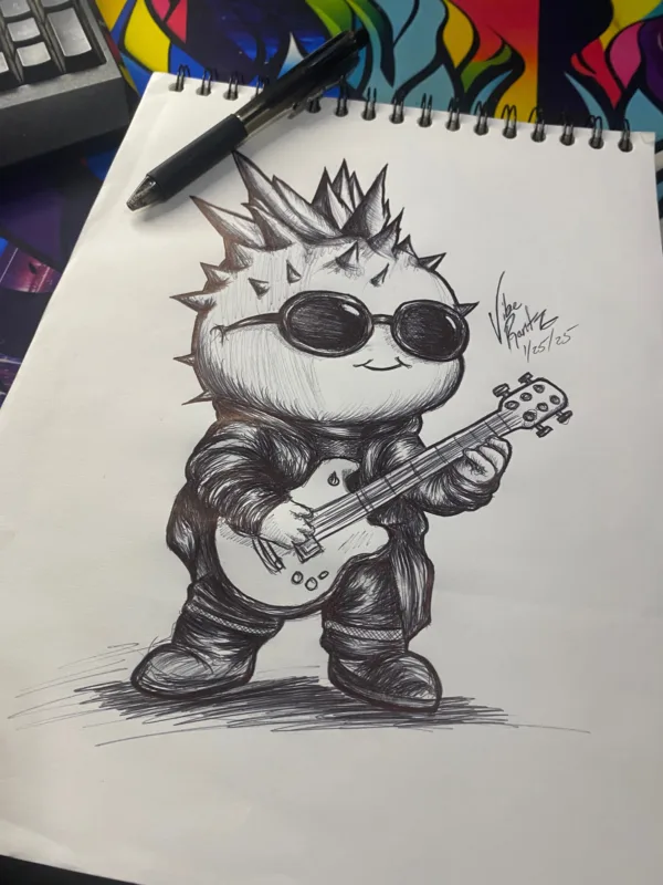 Spike Strumscale, a rock and roll dragonfruit, holding a guitar with a spiked mohawk, leather jacket, and sunglasses.