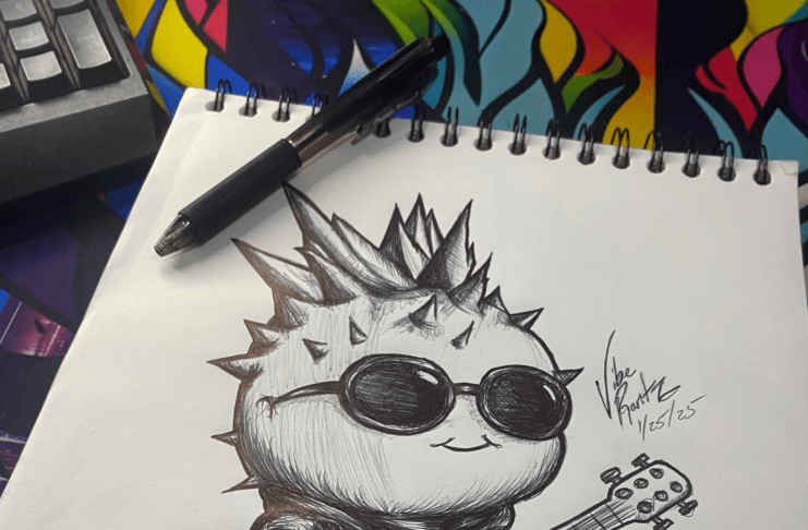 Spike Strumscale, a rock and roll dragonfruit, holding a guitar with a spiked mohawk, leather jacket, and sunglasses.